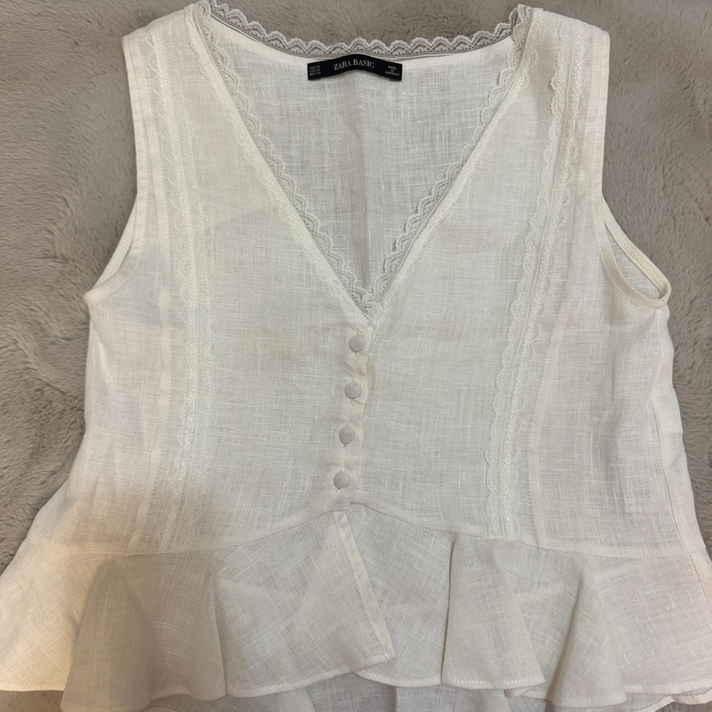 Zara White Linen-Blend V-Neck Peplum Tank XS